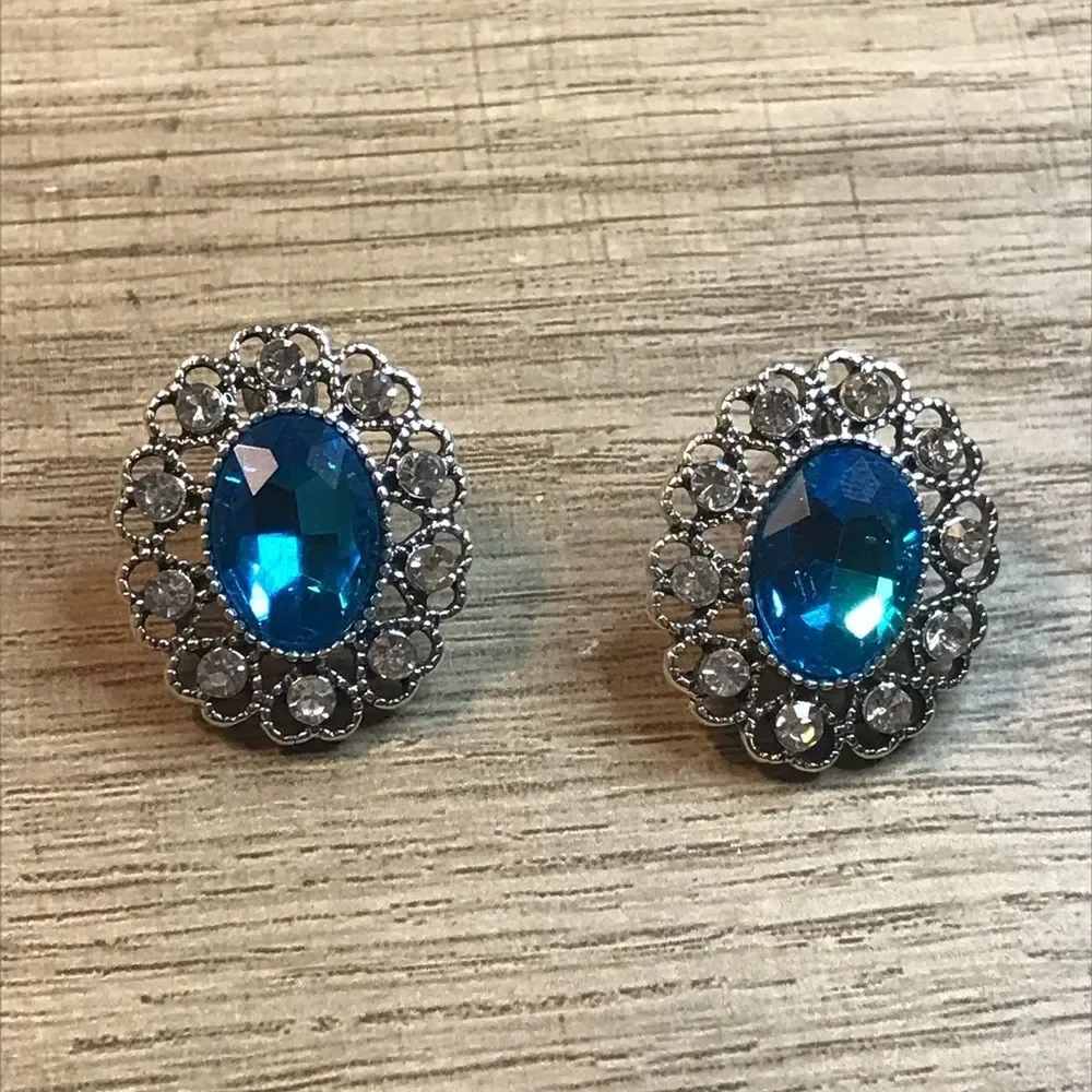 Vintage Victorian Blue Oval Silver Heart Rhinestone Earrings